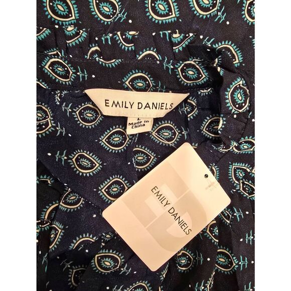 Emily Daniels Sleeveless Boho Maxi Dress Navy Teal Print Size L NWT Tiered Tasse - Picture 2 of 12